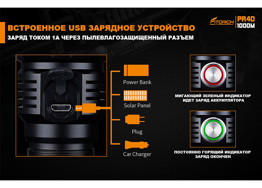 Фонарь FiTorch PR40 поисковый дальнобойный (USB зарядка, светофильтры)