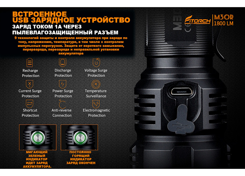 Фонарь FiTorch M30R тактический (USB зарядка, Power Bank)