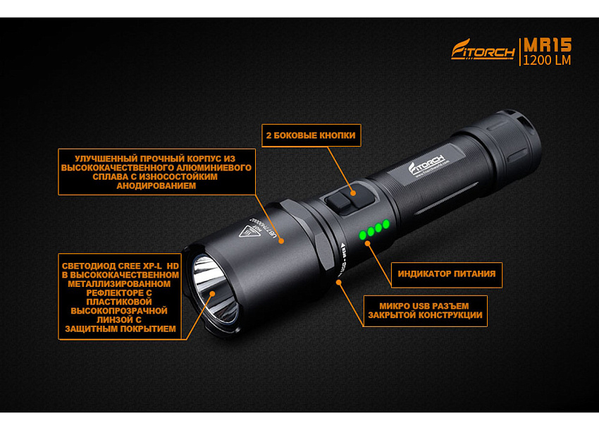 Фонарь FiTorch MR15 универсальный (USB зарядка, адаптер на AAA)