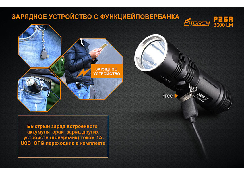 Фонарь FiTorch P26R туристический компактный (USB зарядка, Power Bank)